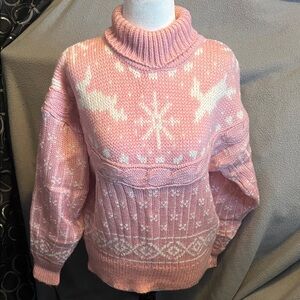 Charming Pink Turtleneck Sweater with Snowflake and Rabbit Design